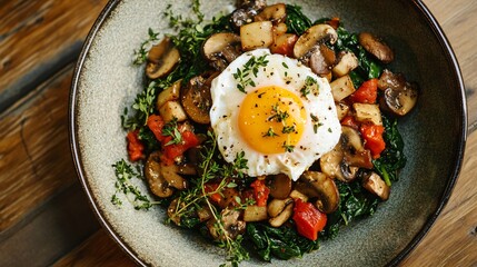 Wall Mural - A vibrant breakfast plate with a poached egg on a bed of sauteed spinach and mushrooms, garnished with herbs