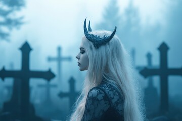 A beautiful blonde woman with long hair and horns sits in front of many crosses in a foggy graveyard, evoking a dark fantasy horror aesthetic