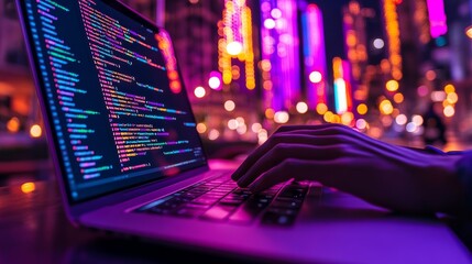 Fototapete - Hands typing code on a laptop in a vibrant city with colorful lights. Represents the digital world of coding, programming, and modern technology.