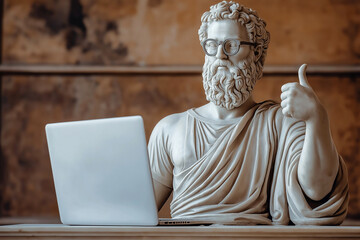 Wall Mural - Classic sculpture thumbs up studying at the laptop. Greek god statue wearing glasses. Classical education, online school, obtaining a university diploma. The best course to study online