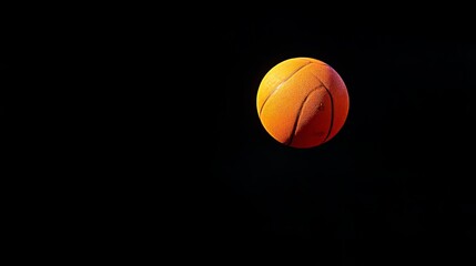 Wall Mural - Basketball, captured in a striking image on a pitch-black backdrop. The ball, suspended in motion, seems to leap off the screen, inviting you to witness the dynamic energy of the sport.