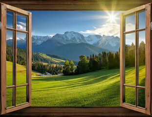 Wall Mural - An open window through which you can see a landscape with a sunrise over the mountains. Sunrise in a mountain area seen through an open window