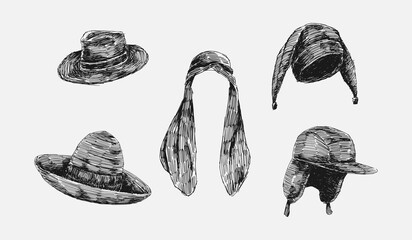 Set collection scribble drawing of fedora hat, keffiyeh, sombrero hat, jester hat, and trapper hat. Vector illustration.