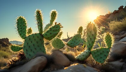 Low-angle shooting of cactus against sky and sun background Keywords: sky, sunshine, desert, succulent, flora, cactus, grandson, nature, low-angle lens, plants