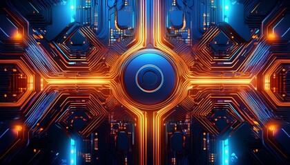 futuristic neon circuit board vibrant orange and blue technology background with code elements, 3d render