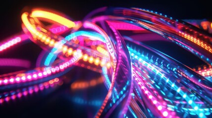 Wall Mural - vibrant bundle of fiber optic cables glowing with neon colors intertwining in a dynamic spiral against a dark background