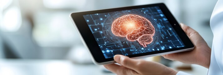 Poster - Person holding tablet displaying neural network brain hologram. Concept of AI and future technology.