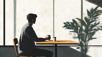 A man seated at a cafÃ©, dressed in minimalist casual attire, sipping coffee while gazing out of the window