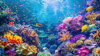 vibrant coral reef aquarium with colorful fish underwater panoramic illustration