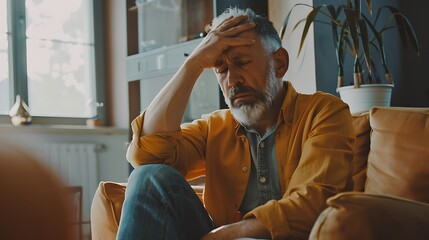 A contemplative older man sitting on a couch, holding his head, possibly in distress or deep thought.