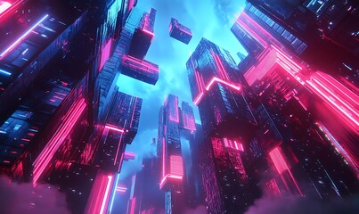 Poster - Futuristic Cityscape with Pink and Blue Neon Lights