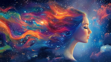 Wall Mural - A mesmerizing portrait of a woman with vibrant, colorful hair flowing like cosmic waves against a starry background.