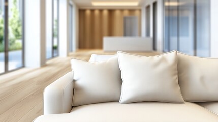 Canvas Print - A couch with three white pillows in a modern room, AI