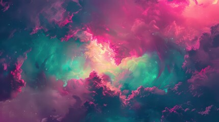 Canvas Print - vibrant fuchsia and emerald green clouds in fantasy sky surreal digital landscape illustration