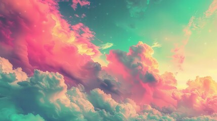 Wall Mural - vibrant fuchsia and emerald green clouds in fantasy sky surreal digital landscape illustration