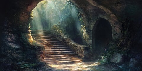 Poster - Sunlit Stone Steps Leading Into a Dark Cave Entrance