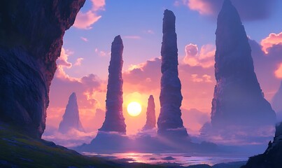 Sticker - Tall Rock Formations at Sunset in a Fantasy Landscape