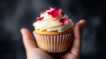 Wall Mural - A close up of a hand holding a cupcake topped with buttercream frosting and edible rose petals