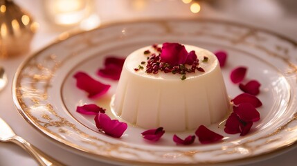 A delicate dessert garnished with edible rose petals, served on a porcelain plate with gold trim