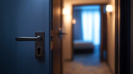 The door opens up to a room with a blurred background, revealing a door lock on the front of the room. 