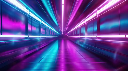 Wall Mural - A long, dark hallway with vibrant pink and blue neon lights.