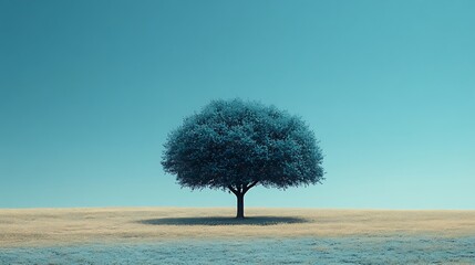 A single blue tree stands in a field with a clear blue sky.