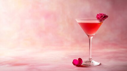 Wall Mural - A vibrant cocktail with a rose petal garnish, served in a martini glass against a soft pink background