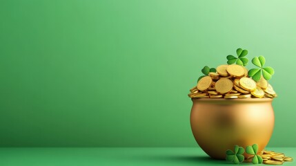 Wall Mural - A pot filled with coins and clovers on a green background, AI