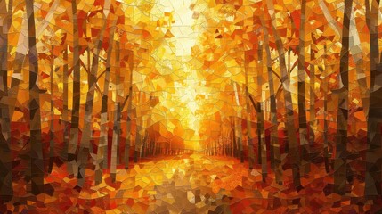 vibrant mosaic depicting autumn forest blending warm yellows and oranges in abstract geometric patterns digital 3d art with sky elements creating a spectacular seasonal landscape