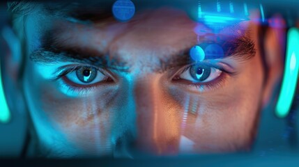 Poster - An intense close-up of a cybersecurity professional's face, wearing headphones and analyzing data on a computer screen.