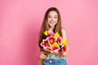 © deagreez - Photo of nice young girl fresh flowers empty space wear top isolated on pink color background
