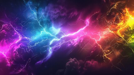 Wall Mural - vibrant neon rainbow lightning strikes on dark background abstract digital illustration