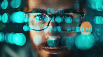 Wall Mural - A close-up of a cybersecurity analyst reviewing code and data flow on a computer screen, focusing intensely on cybersecurity threats.