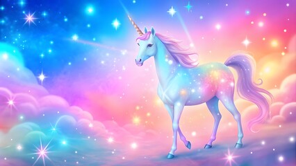 Whimsical pastel rainbow unicorn background shines with sparkling stars against a soft, pink fantasy sky Fairy iridescent gradient backdrop Backgrounds