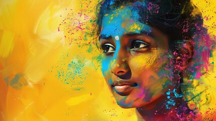 Wall Mural - vibrant portrait of indian woman in holi colors digital painting