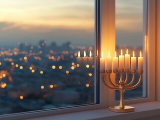 Canvas Print - Menorah With City Lights Background.