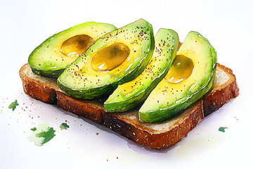 An avocado toast painted in vibrant watercolor shades, placed elegantly on a white background