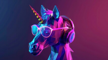 Wall Mural - Low poly unicorn wearing headphones and sunglasses against a gradient background.