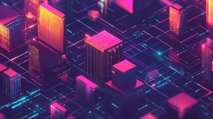 Poster - Digital cityscape with glowing data blocks representing data networks and cloud computing.