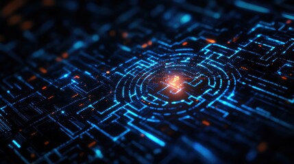 Poster - Futuristic abstract maze design with glowing lines and vibrant blue hues, perfect for technology and digital themes.