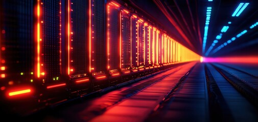 Poster - Futuristic data center environment showcasing vibrant neon lights and advanced technology, perfect for digital innovation themes.