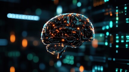 Poster - Futuristic digital brain illustration showcasing intricate circuitry and neon lights, representing advanced technology and artificial intelligence.