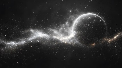 A celestial body with a glowing aura surrounded by a nebula, a sea of twinkling stars, and a field of glittering dust.