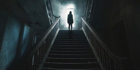 Canvas Print - A Silhouette of a Woman Standing on a Staircase in a Dark and Abandoned Building