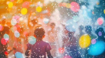 vibrant songkran festival celebration with colorful water splashes and joyful people abstract background