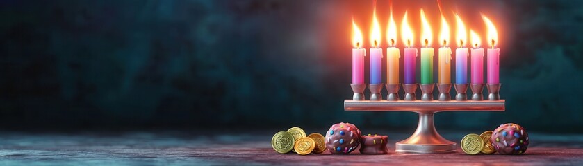 Canvas Print - Menorah with Candles and Chocolate Gelt for Hanukkah.