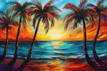 Wall Mural - Tropical sunset paradise with vivid palm silhouettes