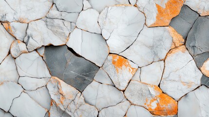 Poster - natural stone surface showcasing a beautiful mosaic of gray and white tiles with hints of orange, pe