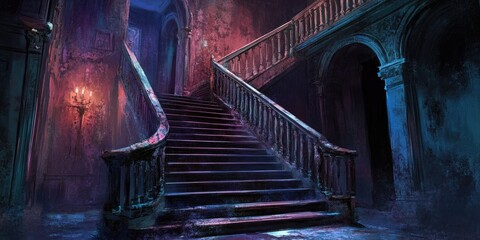 Canvas Print - A Creepy Staircase in a Haunted Mansion