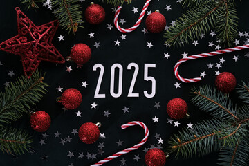 Wall Mural - new year 2025 dark background. number of the coming year in christmas decoration.